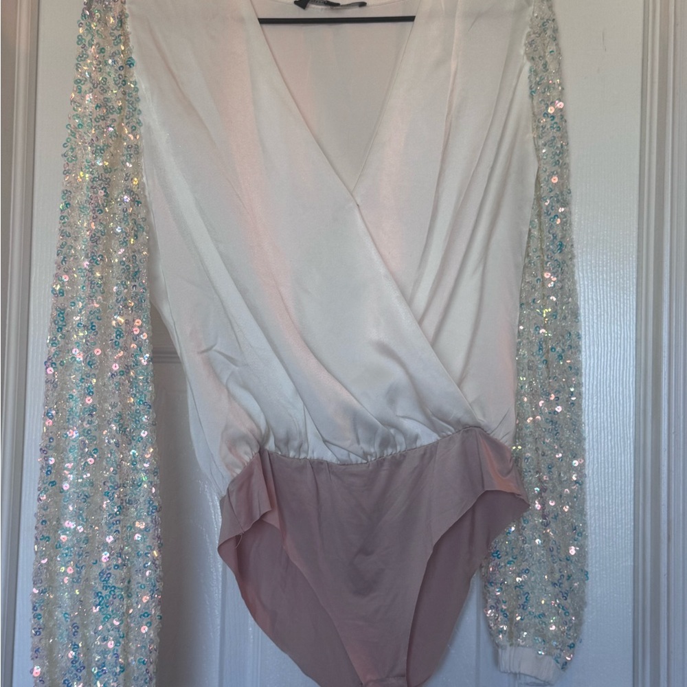 Glamorous Sequin Sleeve Bodysuit - White and iridescent